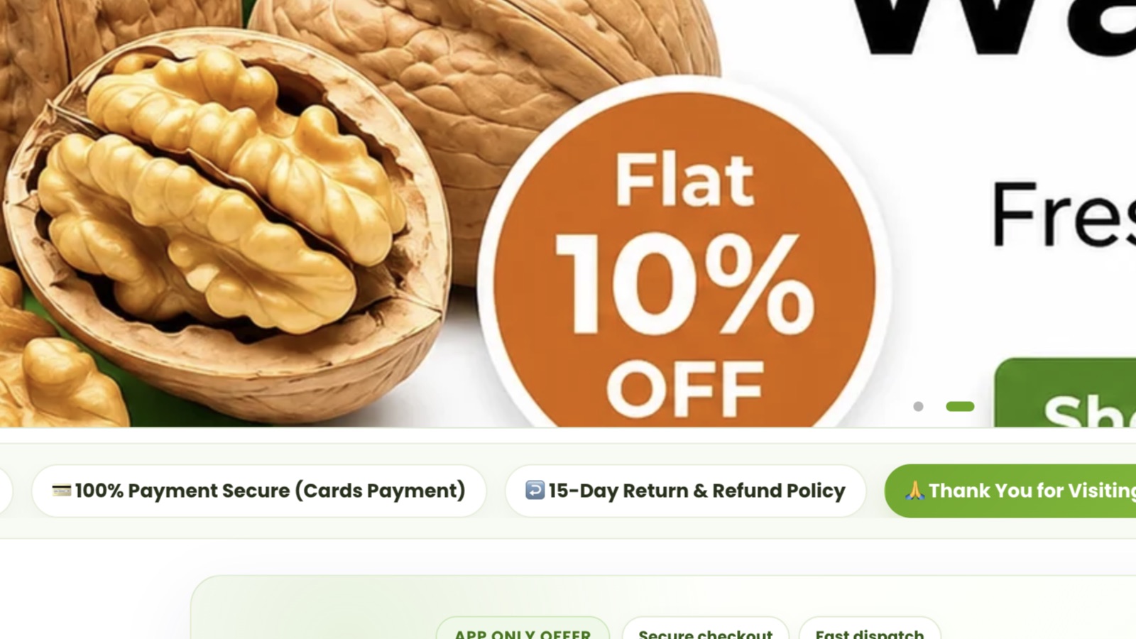 Shopify header, search, and walnut hero banner